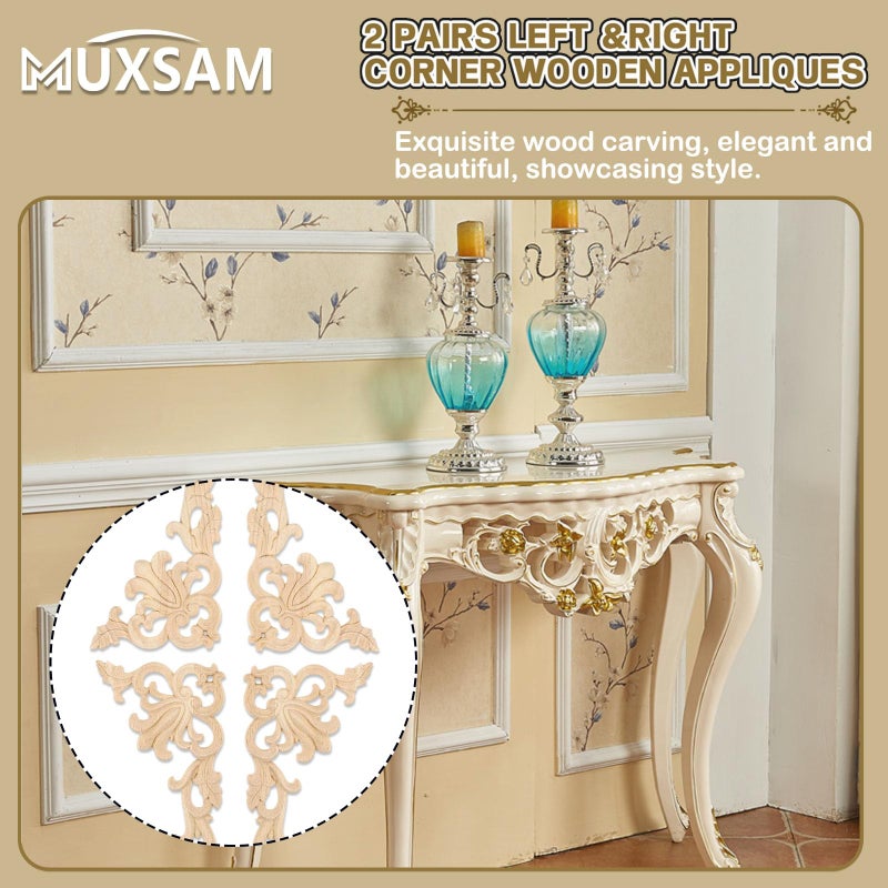 MUXSAM 2-Pair Wood Carved Onlays, 20x10cm/7.87"x3.94", Left&Right Decorated Furniture Appliques, Wooden Carving Corner Decals for Cabinet Drawer Cupboard Dresser Mirror Door Wall Bed DIY Projects - Image 4